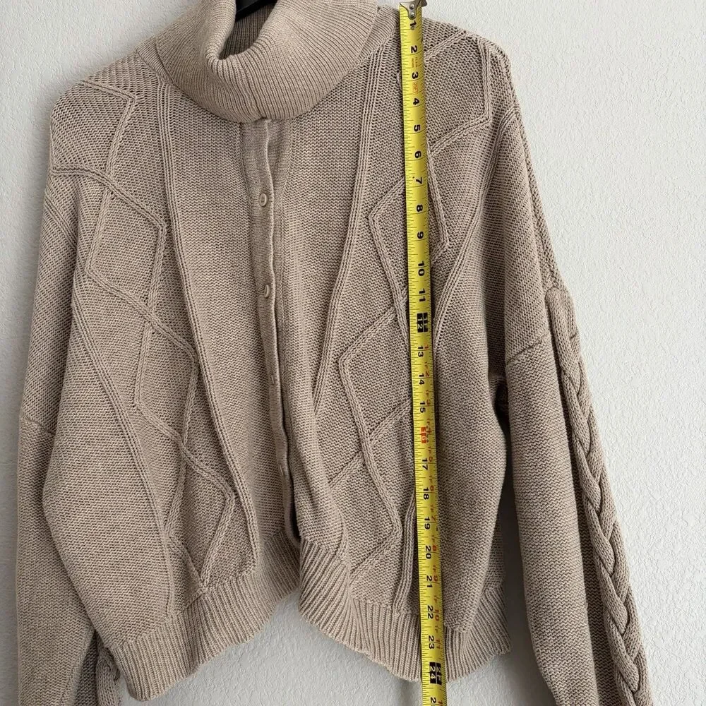 VETTA Cable Knit Turtleneck Cardigan Size M Taupe